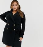 Asos Design Curve Mini Rib Double Breasted Blazer Dress With Faux Horn Buttons-black