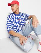 Asos Daysocial Oversized T-shirt With All Over Warped Check Print In Blue-blues