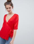 Monki Wrap Front Blouse In Red - Red