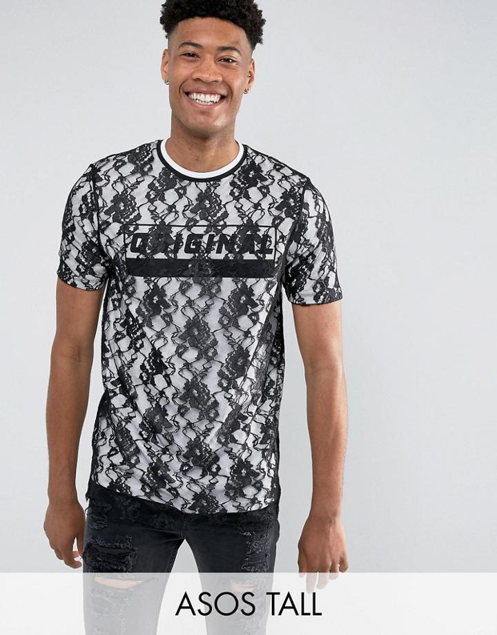 Asos Tall Longline T-shirt With Lace Double Layer And Text Print - Black