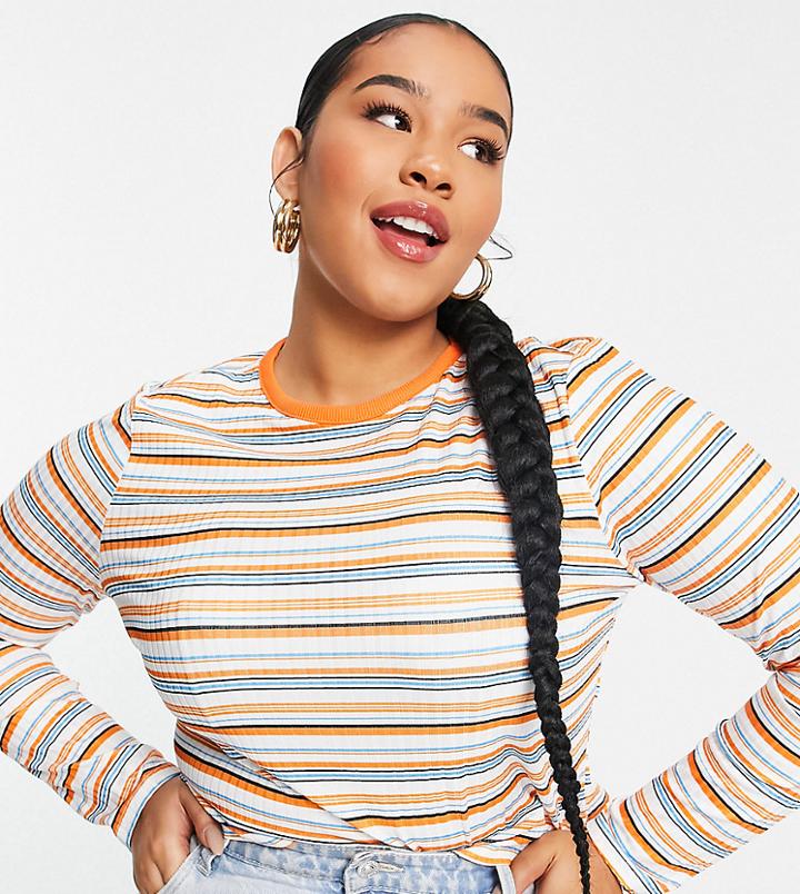 Asos Design Curve Fitted Top In Textured Stripe In Orange