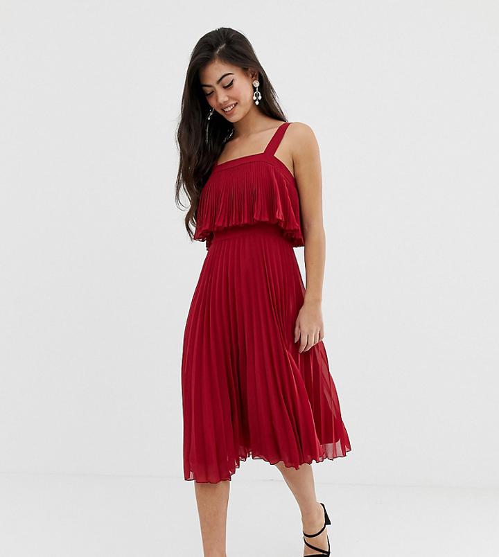 Asos Design Petite Double Layer Pleated Midi Dress - Red