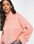 Asos Design Boxy Sweater With High Neck And Turn Back Cuff In Pink