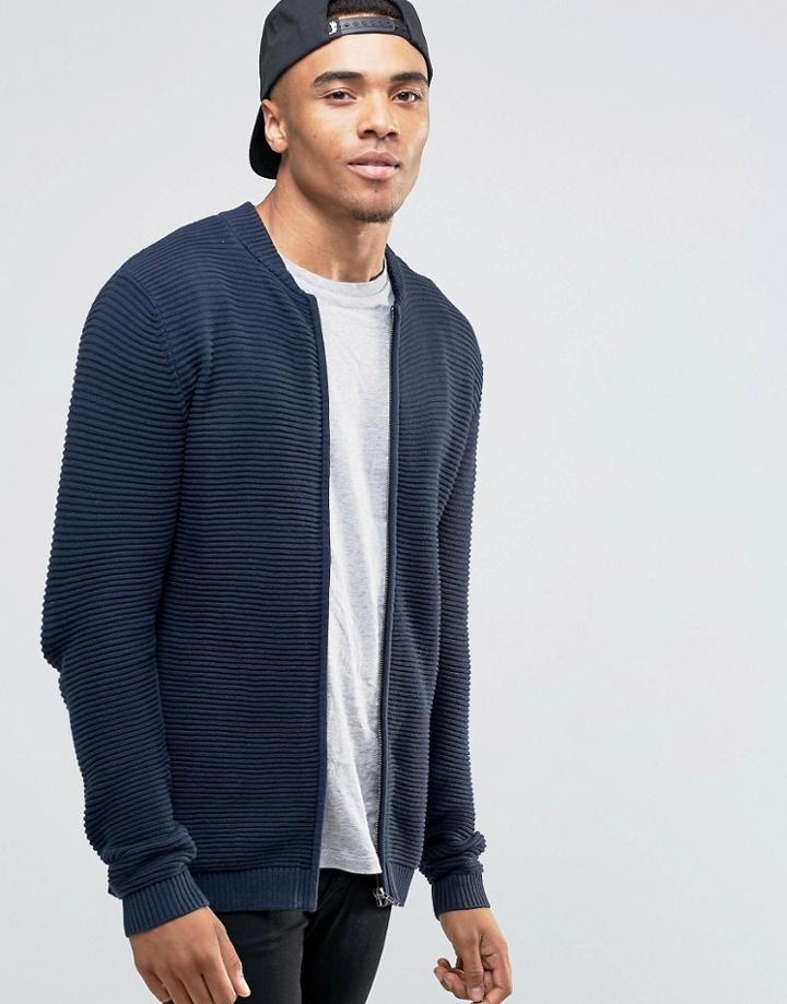 Jack & Jones Ribbed Zip Through Knitted Cardigan - Navy