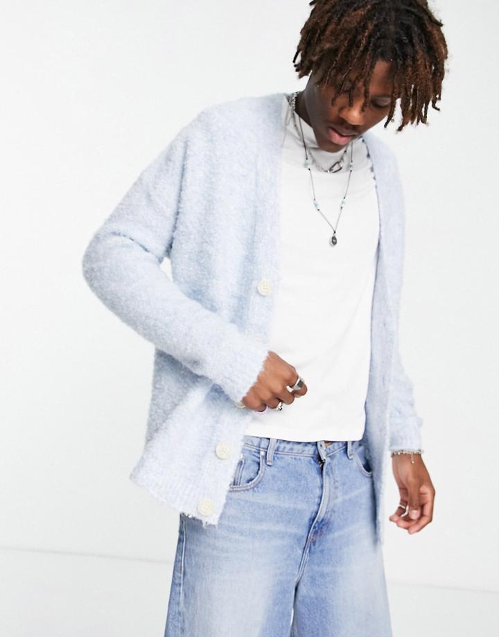 Asos Design Knitted Soft Plush Yarn Cardigan In Blue-blues
