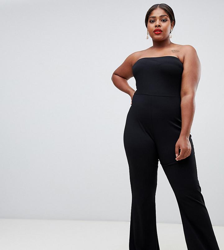 Asos Design Curve Bandeau Jumpsuit In Crepe With Flare Leg - Black