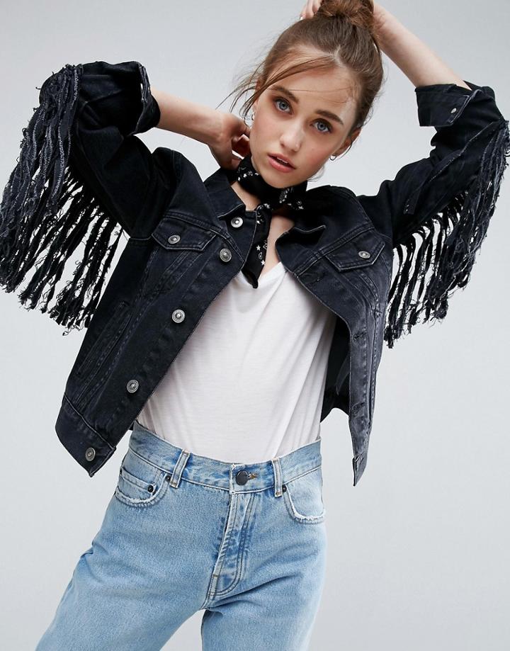 Asos Denim Jacket In Washed Black With Fringed Back - Black