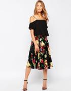 Closet Flared Midi Skirt In Floral Print - Black