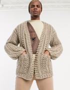 Asos Design Heavyweight Hand Knitted Rib Cardigan In Taupe
