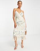 River Island Embroidered Fringe Wrap Midi Dress In Cream-white
