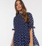 Asos Design Petite High Neck Pleated Mini Dress With Tie Sleeves In Polka Dot