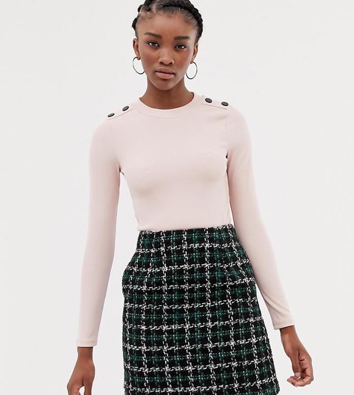 New Look Button Shoulder Mini Rib Long Sleeve Top In Light Pink