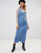 Asos Design Denim Button Through Sleeveless Midi Dress-blue