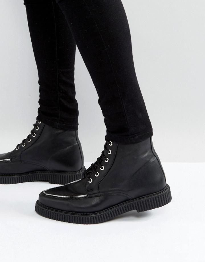 Asos Lace Up Creeper Boots With Strap And Zip Edge Detail - Black