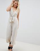 Asos Design Jumpsuit With Tie Front And Wide Leg - Beige