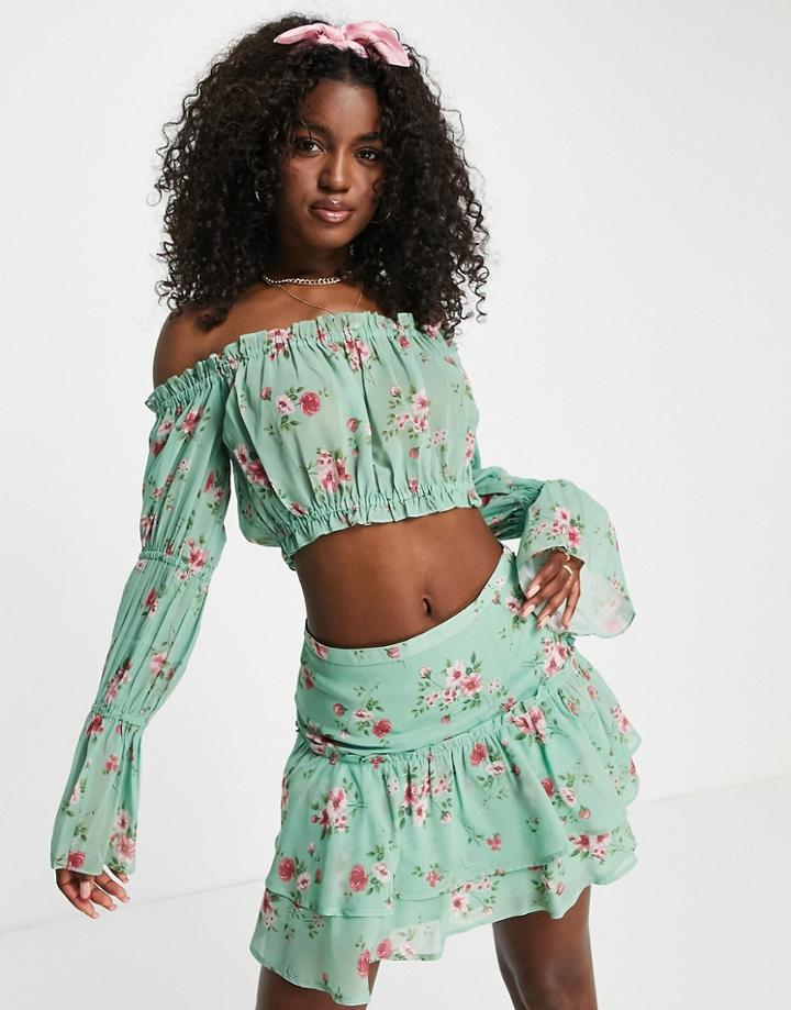 Asos Design Soft Bardot Elasticated Sleeve Crop Top In Pretty Floral - Part Of A Set-multi