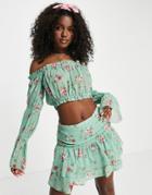 Asos Design Soft Bardot Elasticated Sleeve Crop Top In Pretty Floral - Part Of A Set-multi
