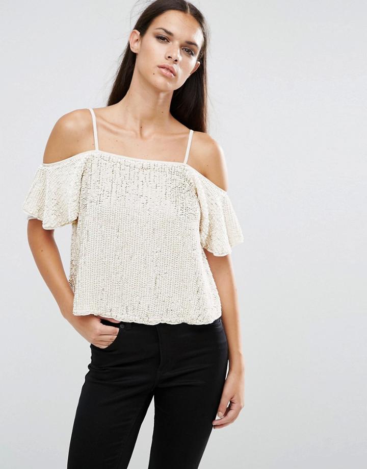 Asos Sequin Cold Shoulder Cami Top - White
