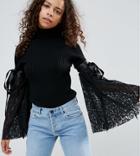 Asos Petite Sweater With High Neck And Lace Flare Sleeves - Black