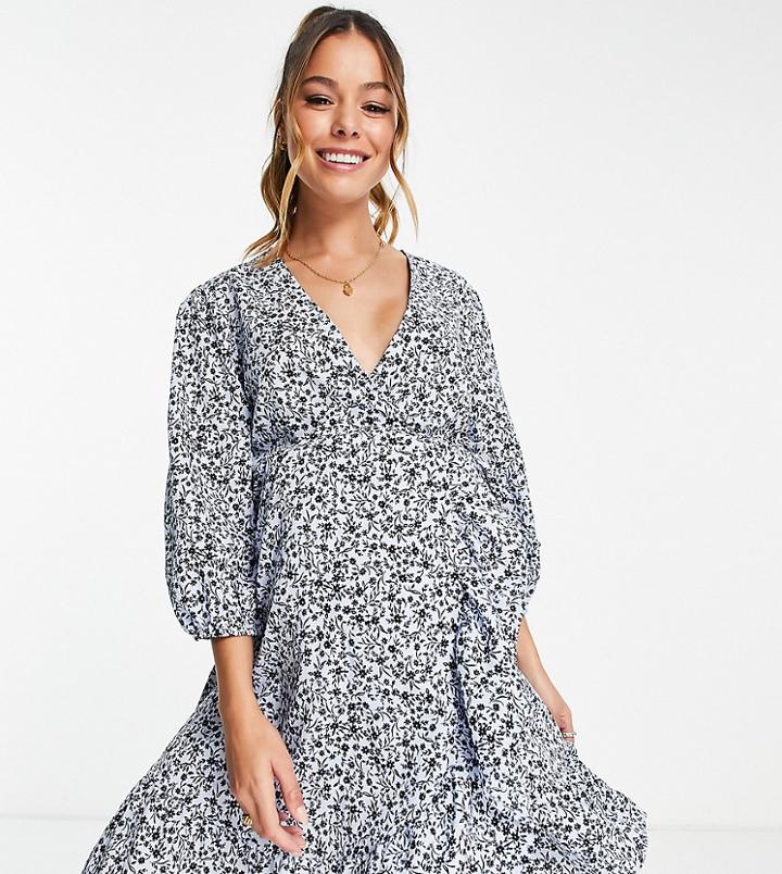 New Look Maternity Wrap Mini Dress In Blue Floral Print