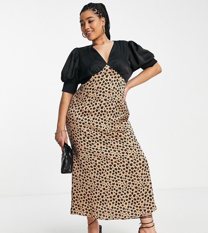 Never Fully Dressed Plus Contrast Puff Sleeve Maxi Dress In Black Leopard Print-multi