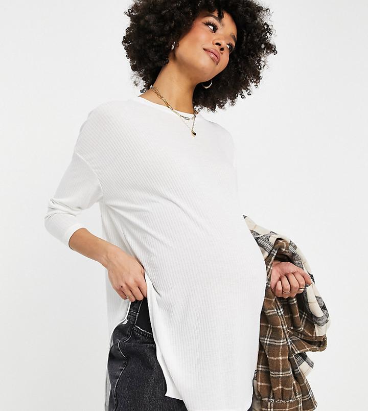 Asos Design Maternity Top With Side Slits And Long Sleeve In Clean Rib In White