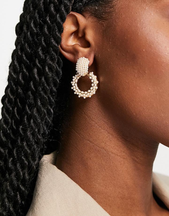 Asos Design Earring In Doorknocker Design With Pearls In Gold Tone