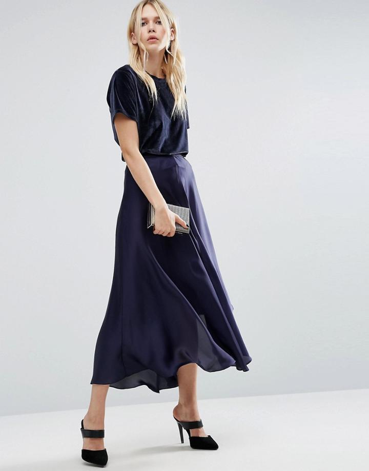 Asos Midi Skirt In Satin With Splices - Navy
