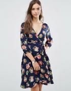 Yumi 3/4 Sleeve Wrap Dress In Floral Print - Navy