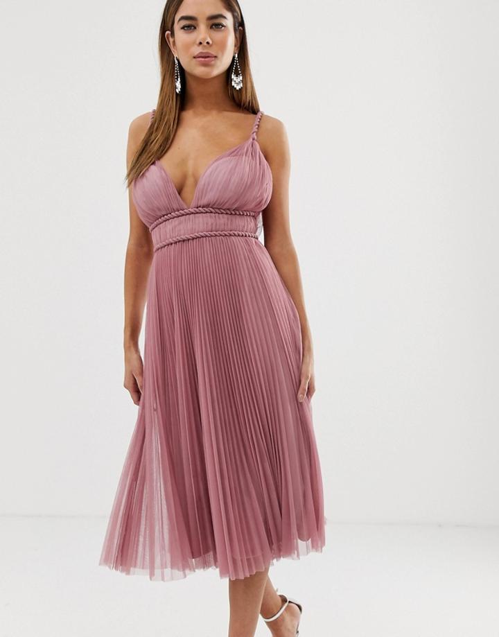 Asos Design Pleated Tulle Midi Dress With Twist Detail - Pink