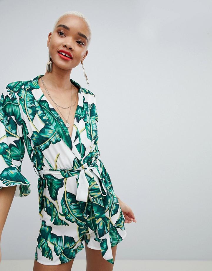 Prettylittlething Palm Print Romper - Green