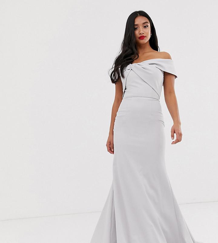 Jarlo Petite Knot Front Bardot Maxi Dress In Silver Gray - White