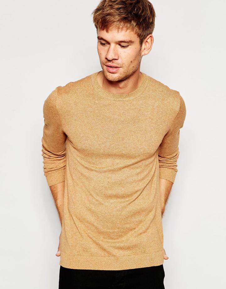 Asos Crew Neck Jumper In Tan Twist Cotton - Tan Twist