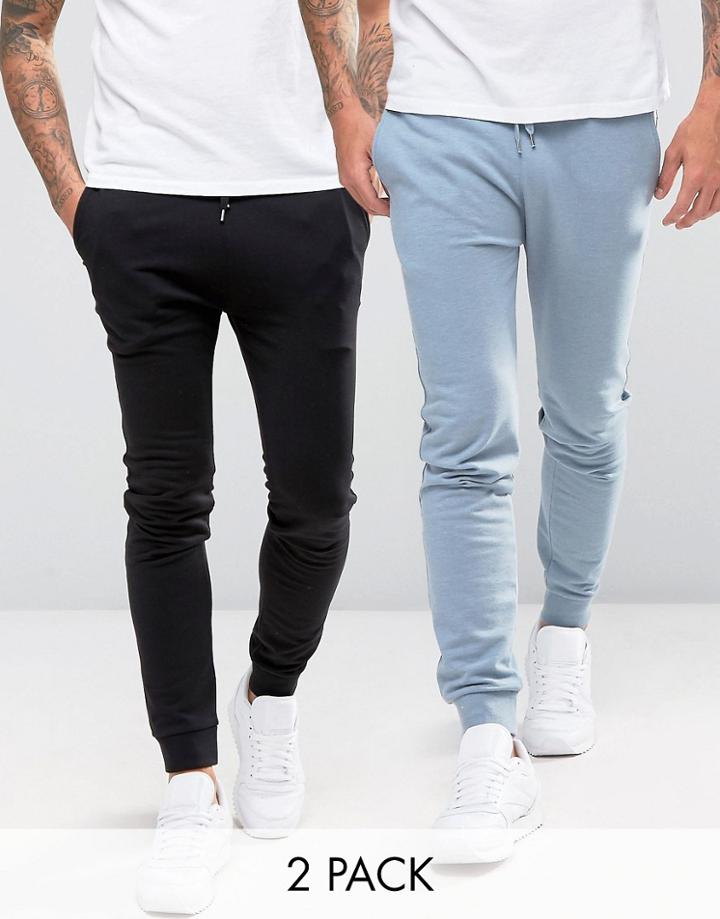 Asos Super Skinny Joggers 2 Pack In Blue/black - Multi