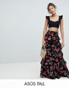 Asos Design Tall Shirred Waist Tiered Maxi Skirt In Rose Floral Print - Multi