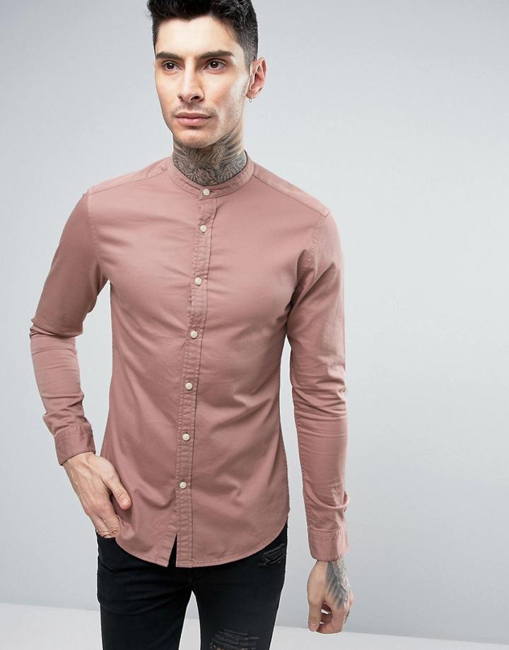 Asos Skinny Denim Shirt With Grandad Collar In Pink - Pink