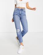 Hollister Ultra High Rise Dark Floral Embroidered Mom Jeans In Mid Wash-black