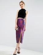 Asos Premium Pencil Skirt With Split In Floral Jacquard - Purple