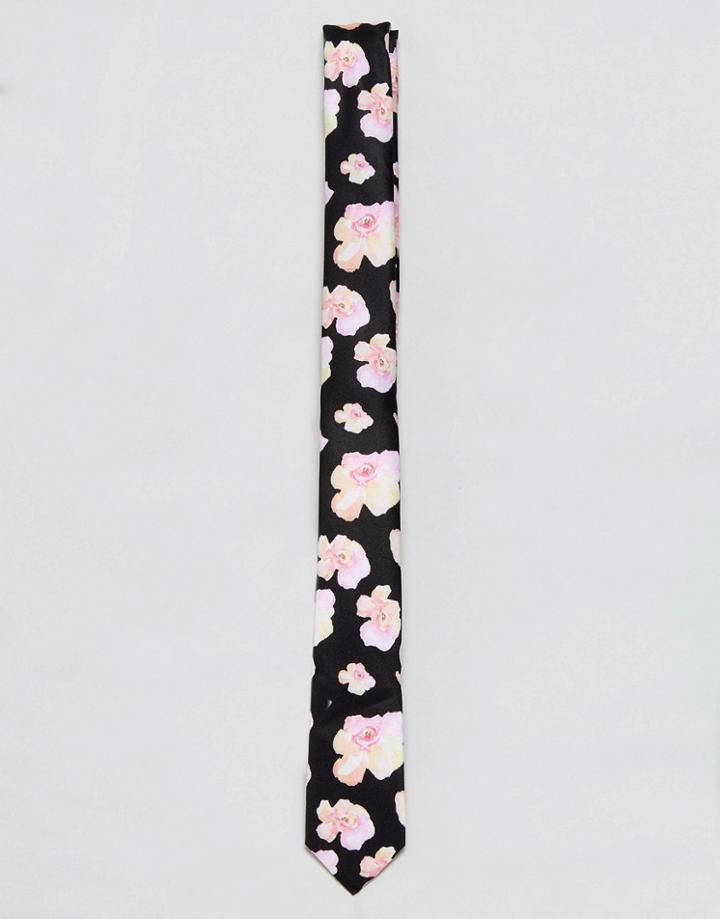 Asos Slim Tie In Black And Pink Flower Print - Black