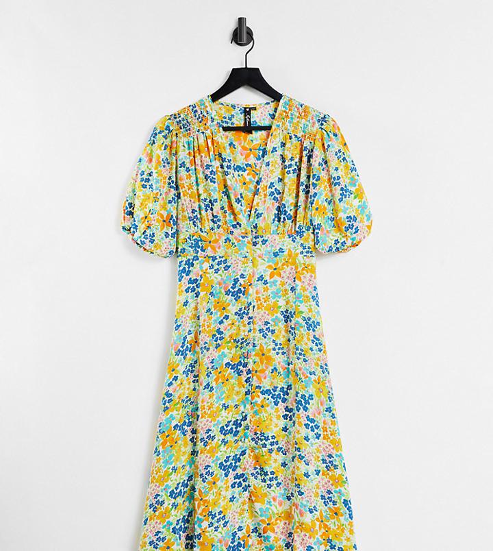 Influence Petite Midi Tea Dress In Yellow Floral-multi