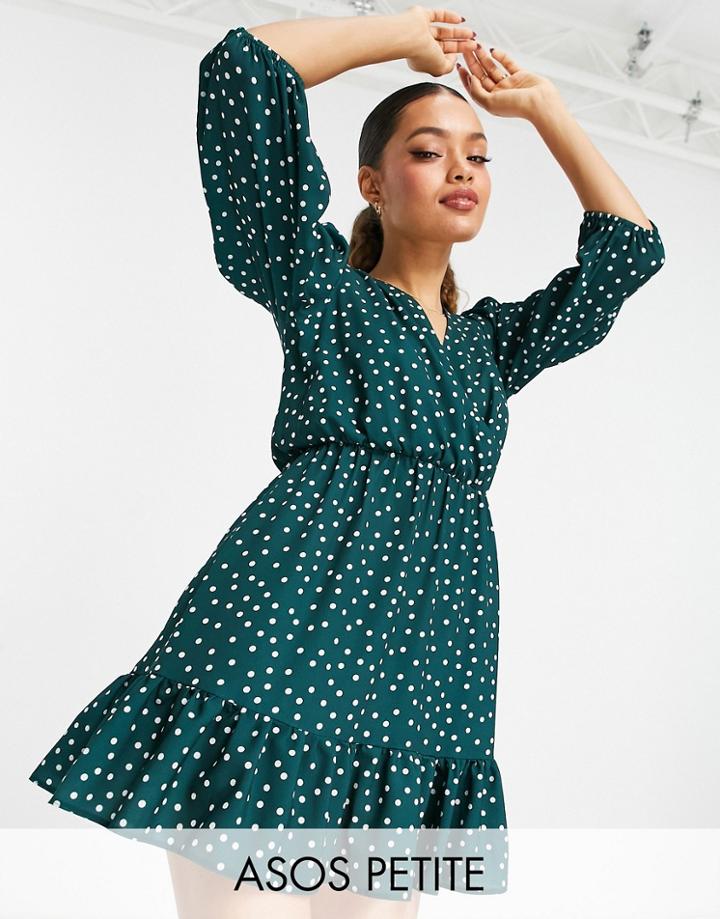 Asos Design Petite Wrap Front Frill Hem Mini Tea Dress With Puff Sleeves In Green Spot-multi