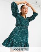 Asos Design Petite Wrap Front Frill Hem Mini Tea Dress With Puff Sleeves In Green Spot-multi