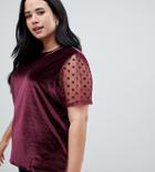Asos Design Curve Velvet T-shirt With Dobby Mesh Sleeve-red
