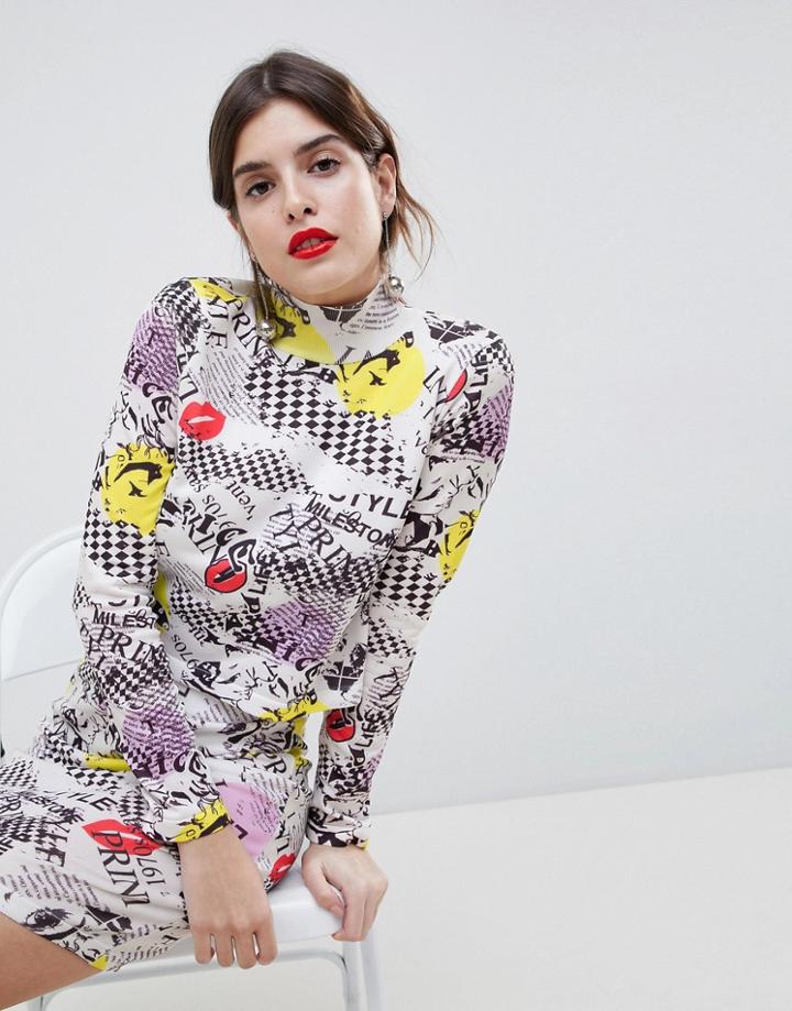 Asos Design Co-ord Knitted Top With Newspaper Print - Multi