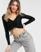 Monki Olle Ruched Front Metallic Crop Top In Black