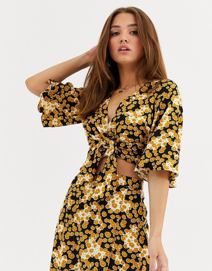 Asos Design Angel Sleeve Wrap Top With Tie Detail In Floral Print Two-piece-multi