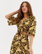 Asos Design Angel Sleeve Wrap Top With Tie Detail In Floral Print Two-piece-multi