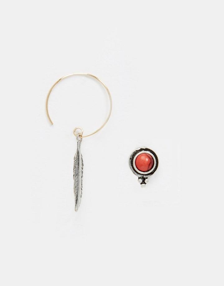 Asos Mismatch Feather Hoop & Stud Earrings - Multi