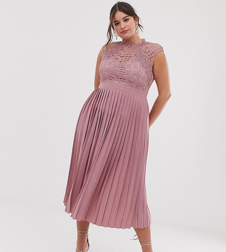 Little Mistress Plus Lace Top Midaxi Dress With Pleated Skirt In Blush-pink