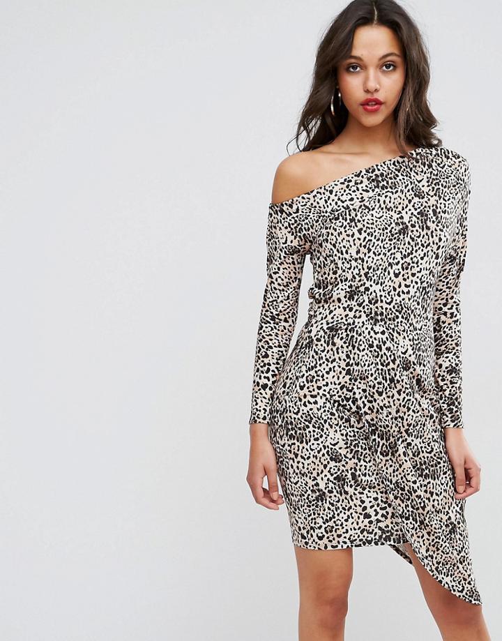 Asos One Shoulder Dress With Drape Front In Animal Print - Multi